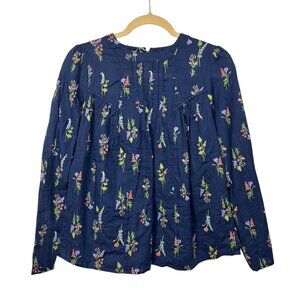 M&S Collection 8 Womens Navy Floral Long Sleeve Blouse Cotton Whimsical Cottagec